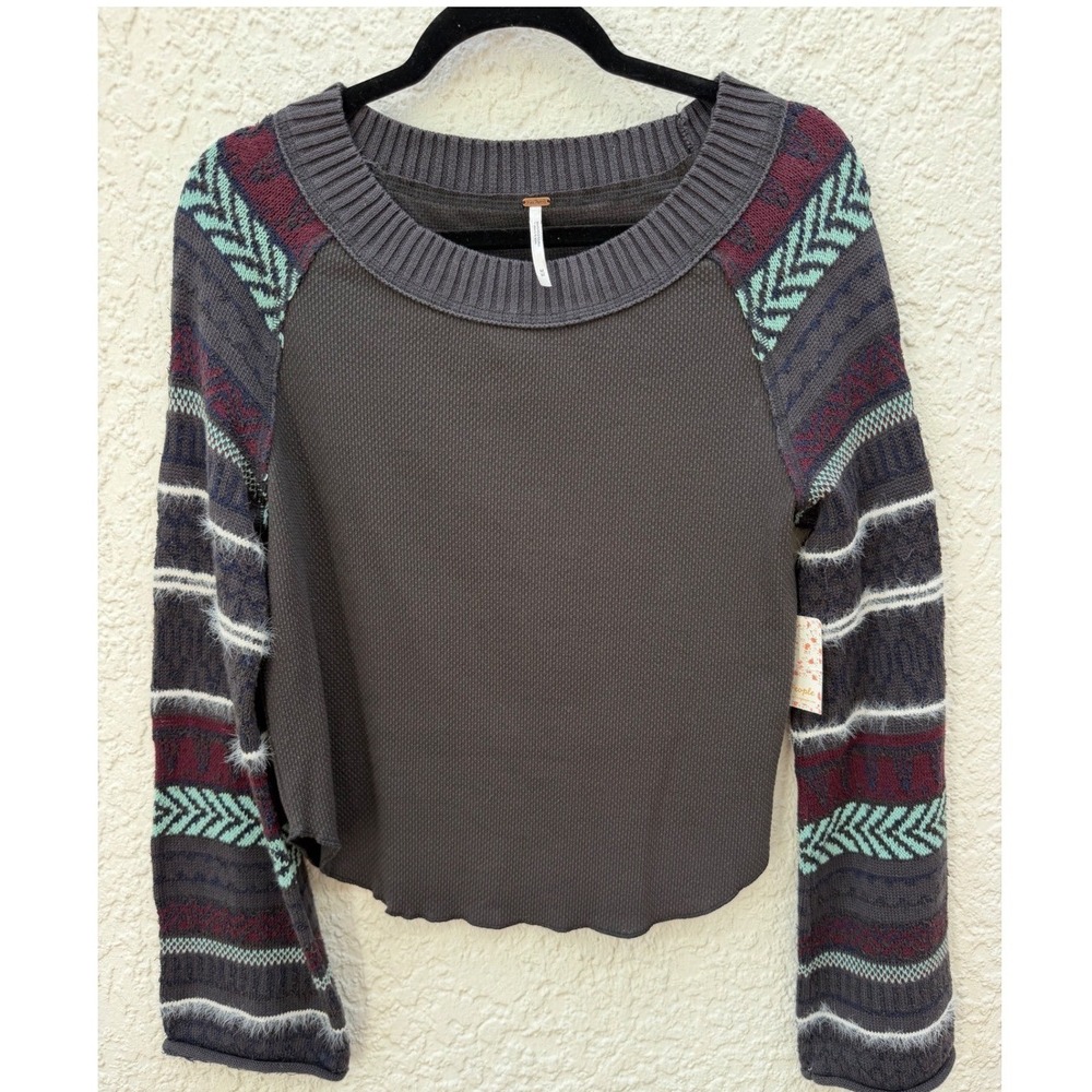 Free People Washed Black Combo Thermal Mixed Pattern Knit Top OB839112 Medium